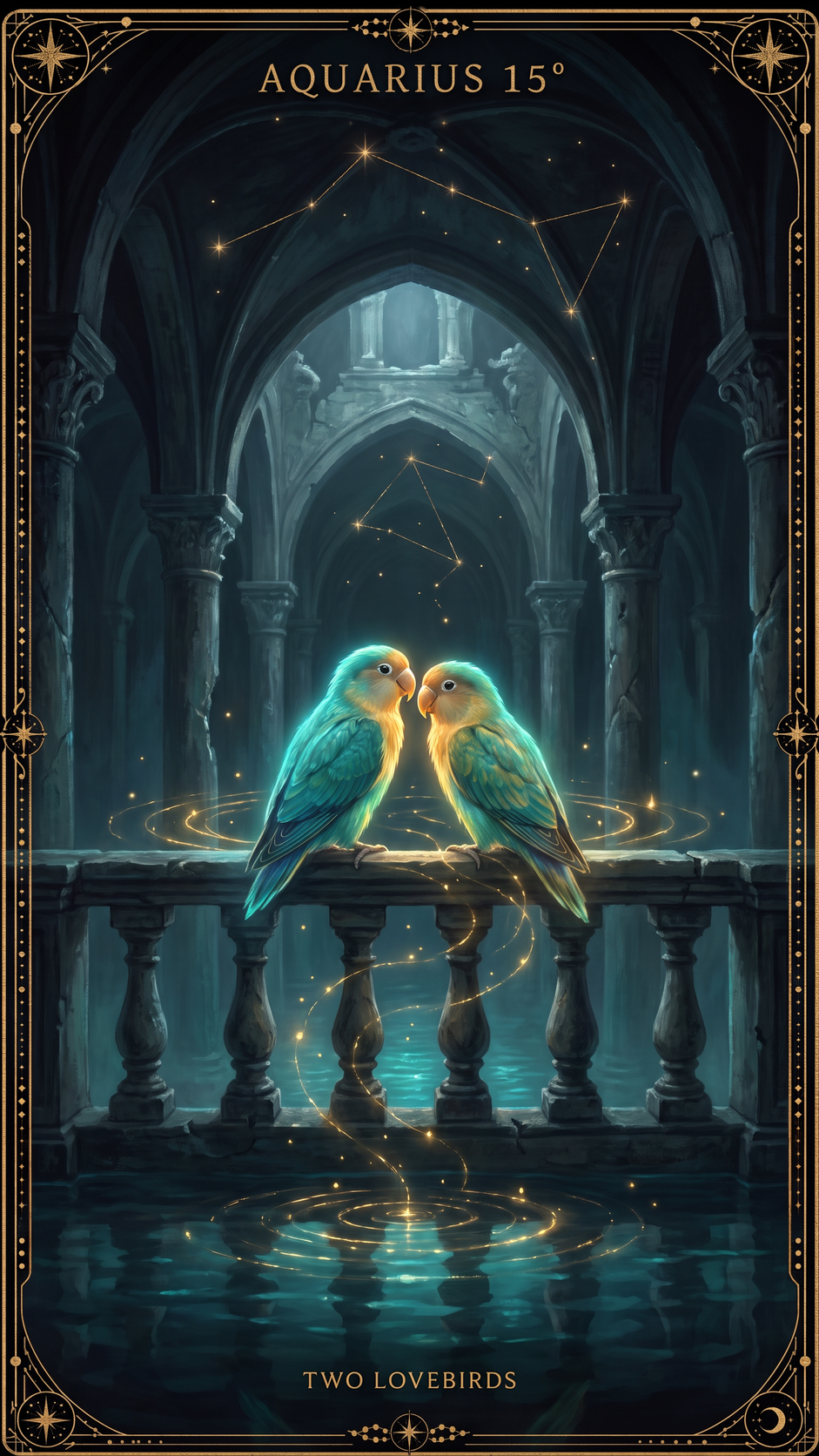 AQUARIUS 15° — Two Lovebirds Sitting on a Fence and Singing Happily
