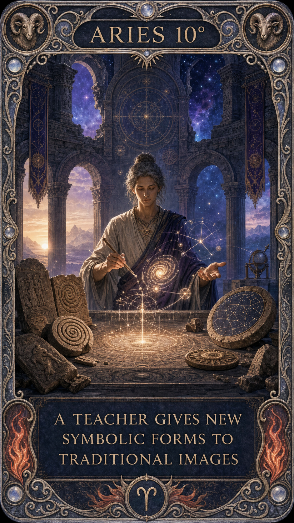 ARIES 10° — A teacher gives new symbolic forms to traditional images. 古い石板の図像を教師が新しい星図の光へ変えるサビアンシンボルのカード。