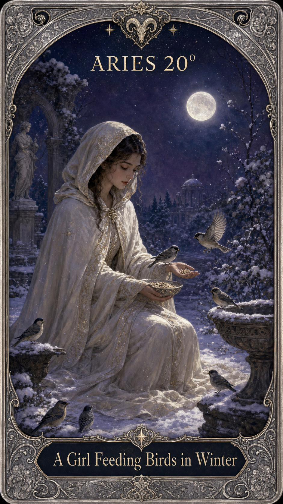ARIES 20° — A Girl Feeding Birds in Winter