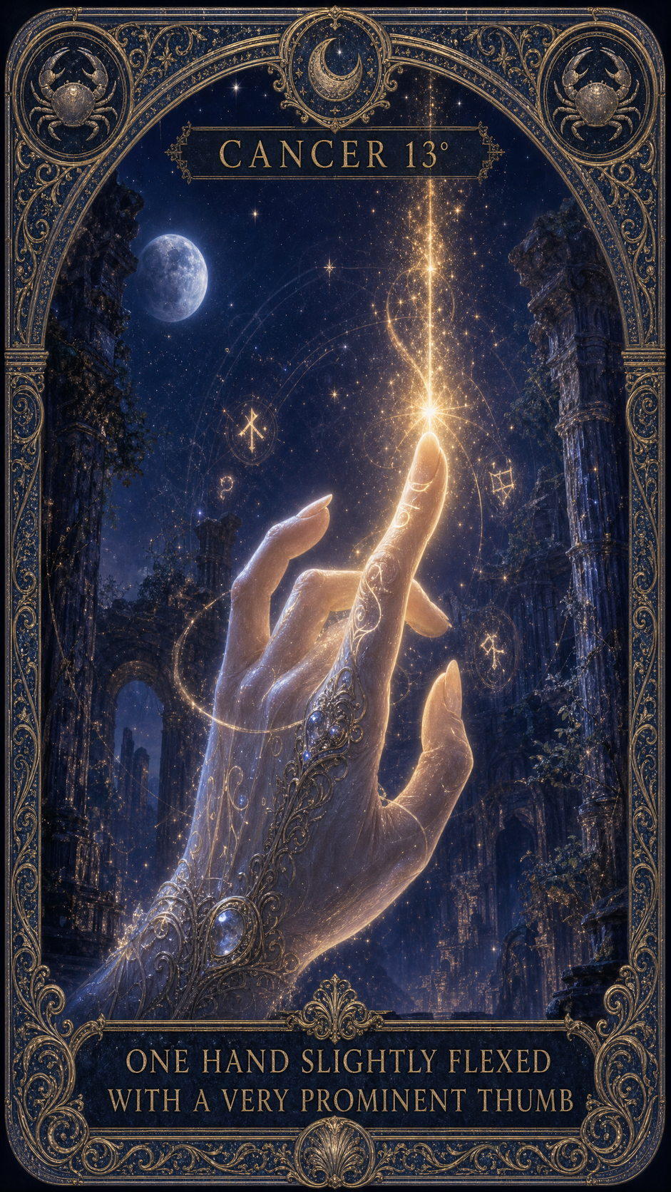 CANCER 13° — ONE HAND SLIGHTLY FLEXED WITH A VERY PROMINENT THUMB