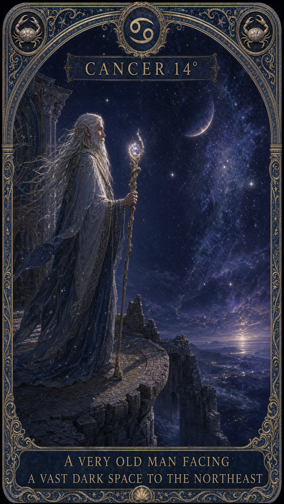 CANCER 14° — A VERY OLD MAN FACING A VAST DARK SPACE TO THE NORTHEAST