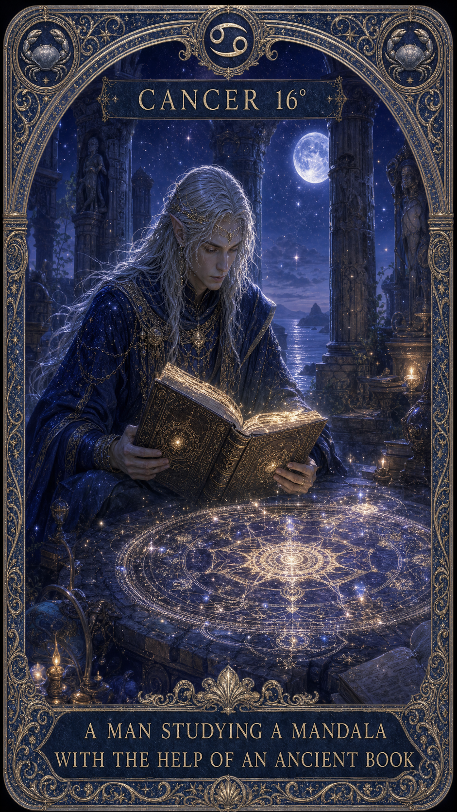 CANCER 16° — A MAN STUDYING A MANDALA IN FRONT OF HIM, WITH THE HELP OF A VERY ANCIENT BOOK