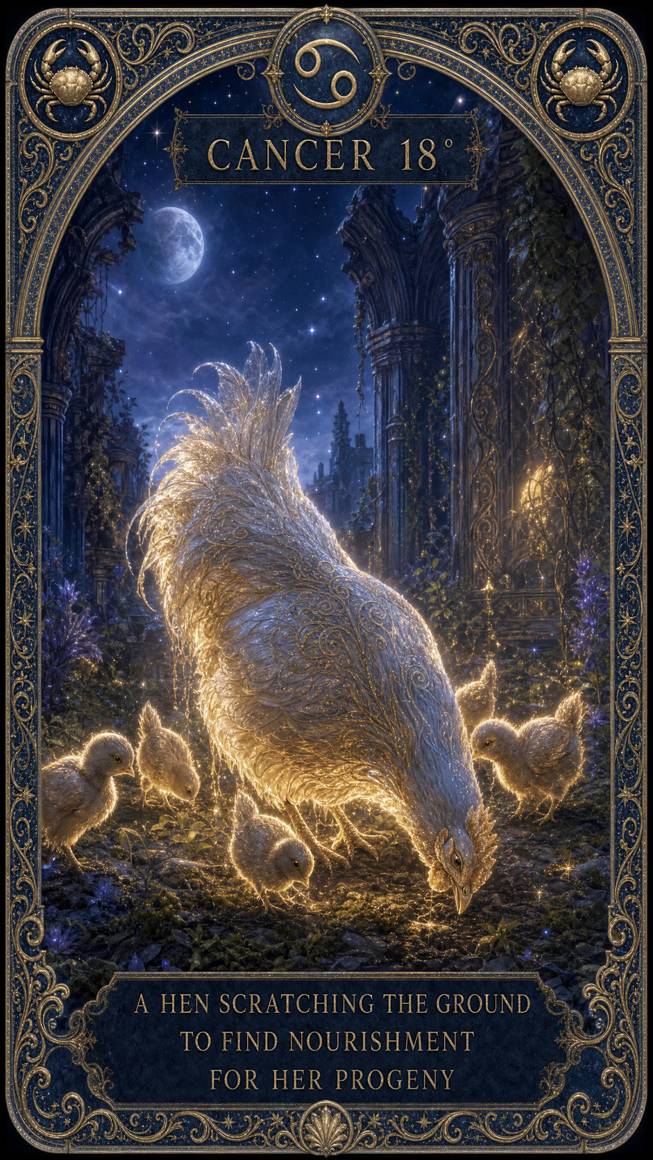 CANCER 18° — A HEN SCRATCHING THE GROUND TO FIND NOURISHMENT FOR HER PROGENY