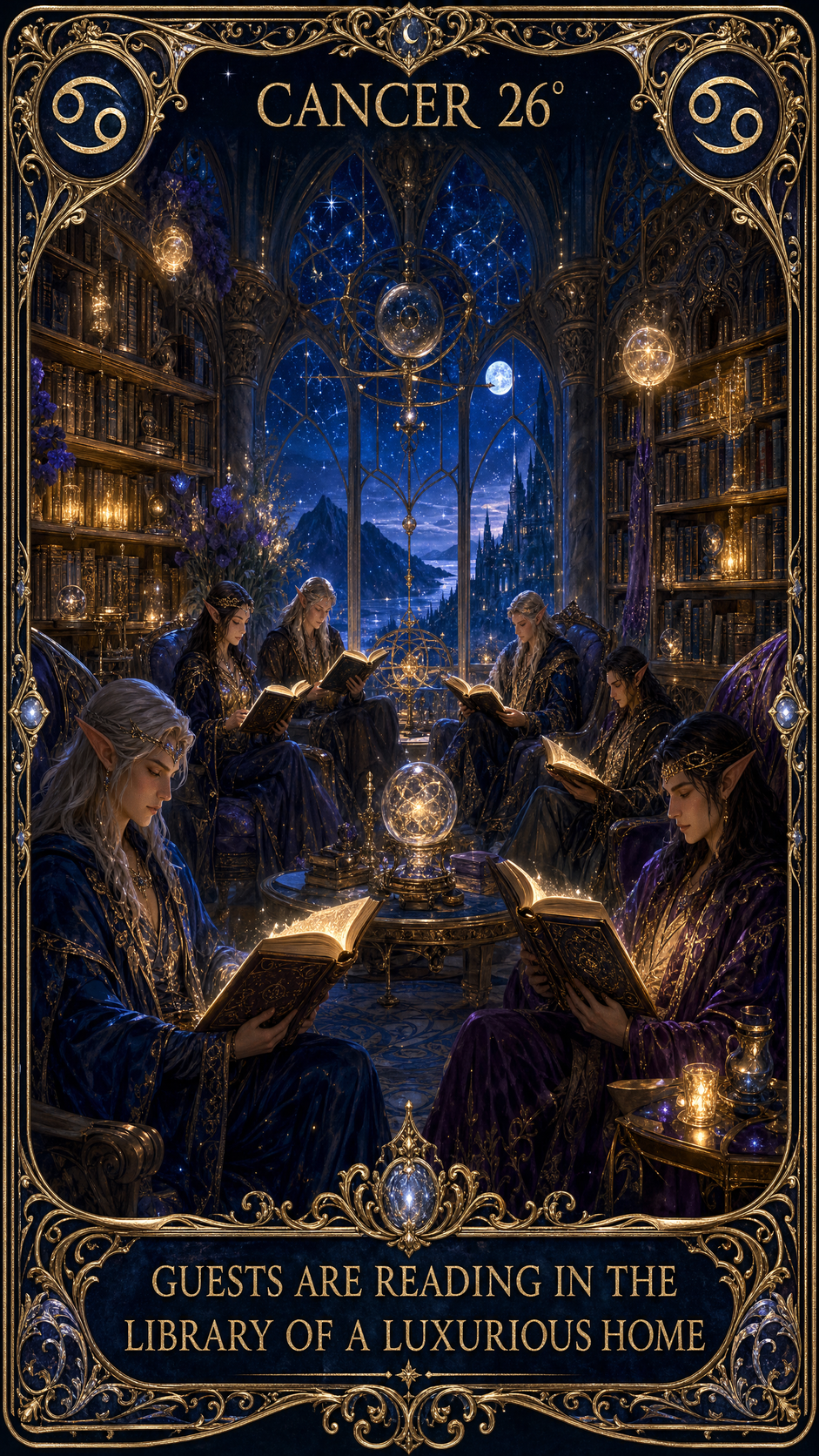 CANCER 26° — GUESTS ARE READING IN THE LIBRARY OF A LUXURIOUS HOME