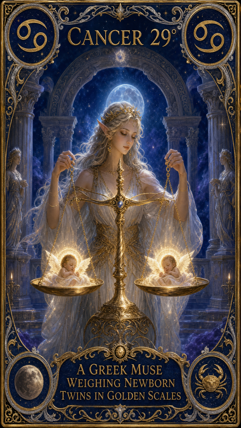 CANCER 29° — A GREEK MUSE WEIGHING NEWBORN TWINS IN GOLDEN SCALES