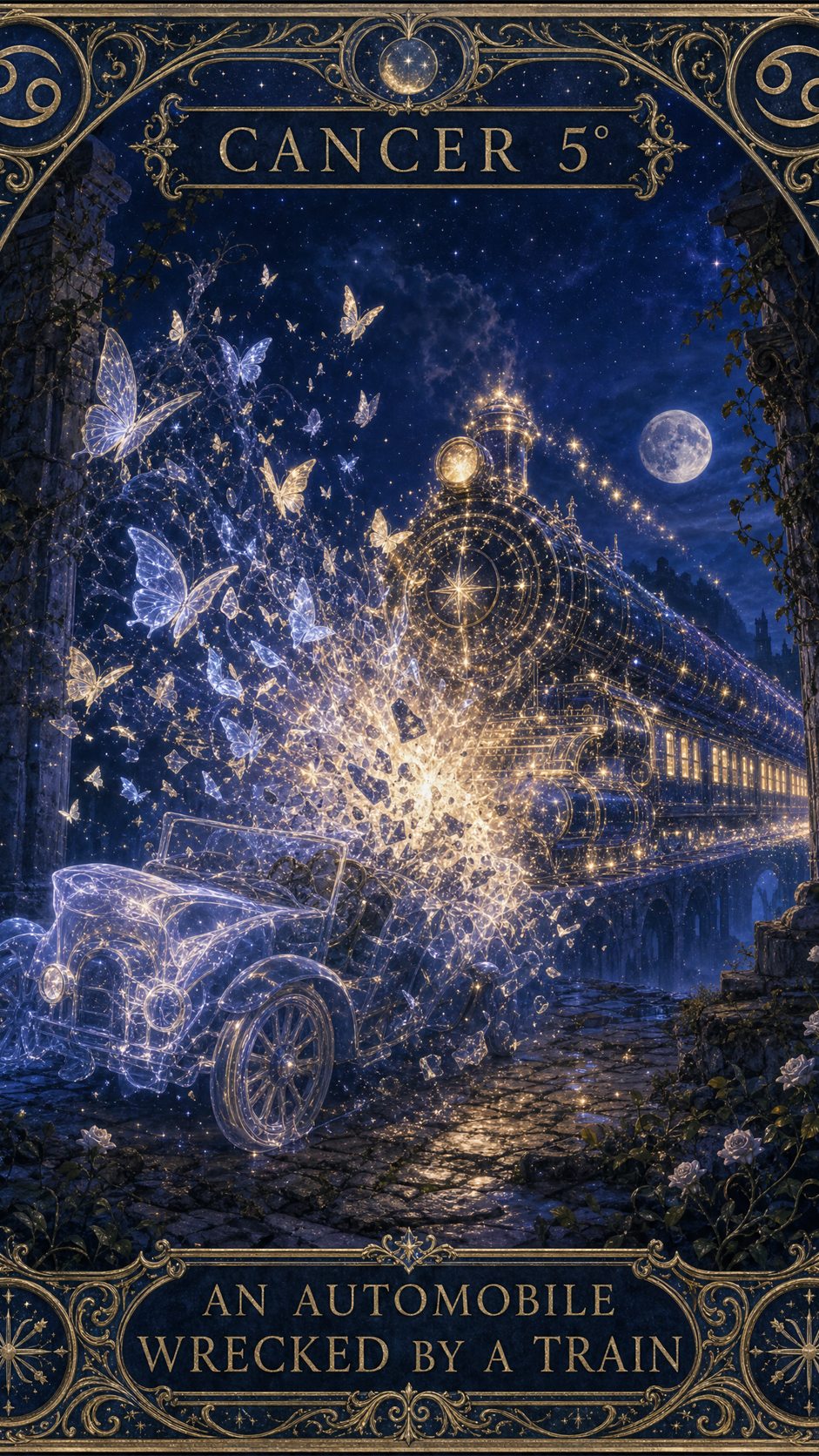 CANCER 5° — AN AUTOMOBILE WRECKED BY A TRAIN