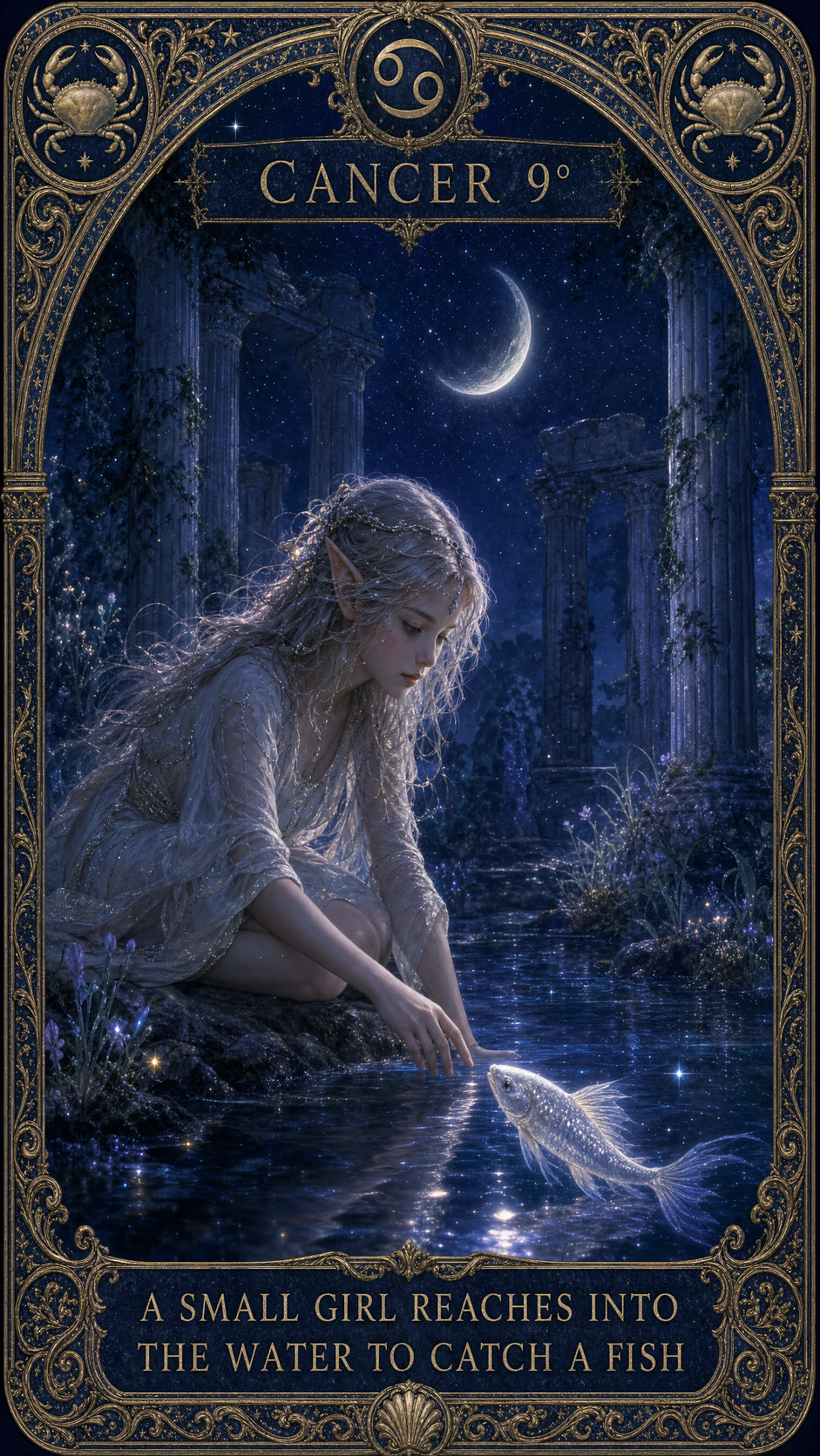 CANCER 9° — A SMALL NAKED GIRL REACHES INTO THE WATER TO CATCH A FISH