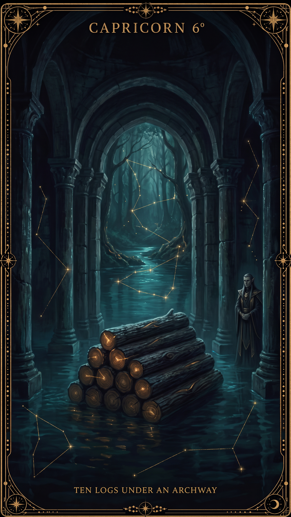 CAPRICORN 6° — Ten Logs Lie Under An Archway Leading To Darker Woods