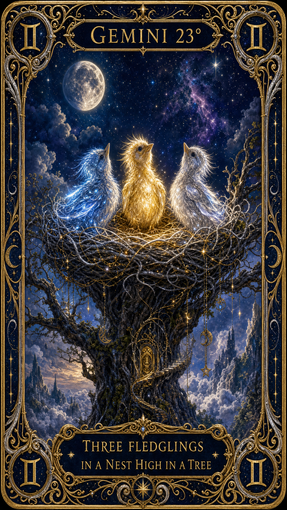 GEMINI 23° — Three Fledglings In A Nest High In A Tree