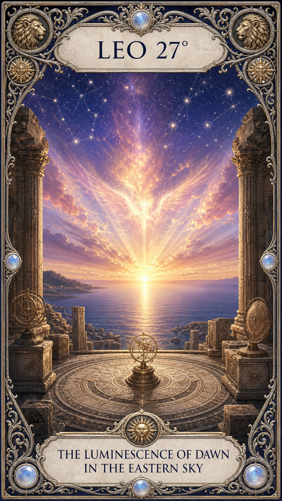 LEO 27° — The luminescence of dawn in the eastern sky. 古代の観測所と海の彼方に夜明けの光が広がるサビアンシンボルのカード。