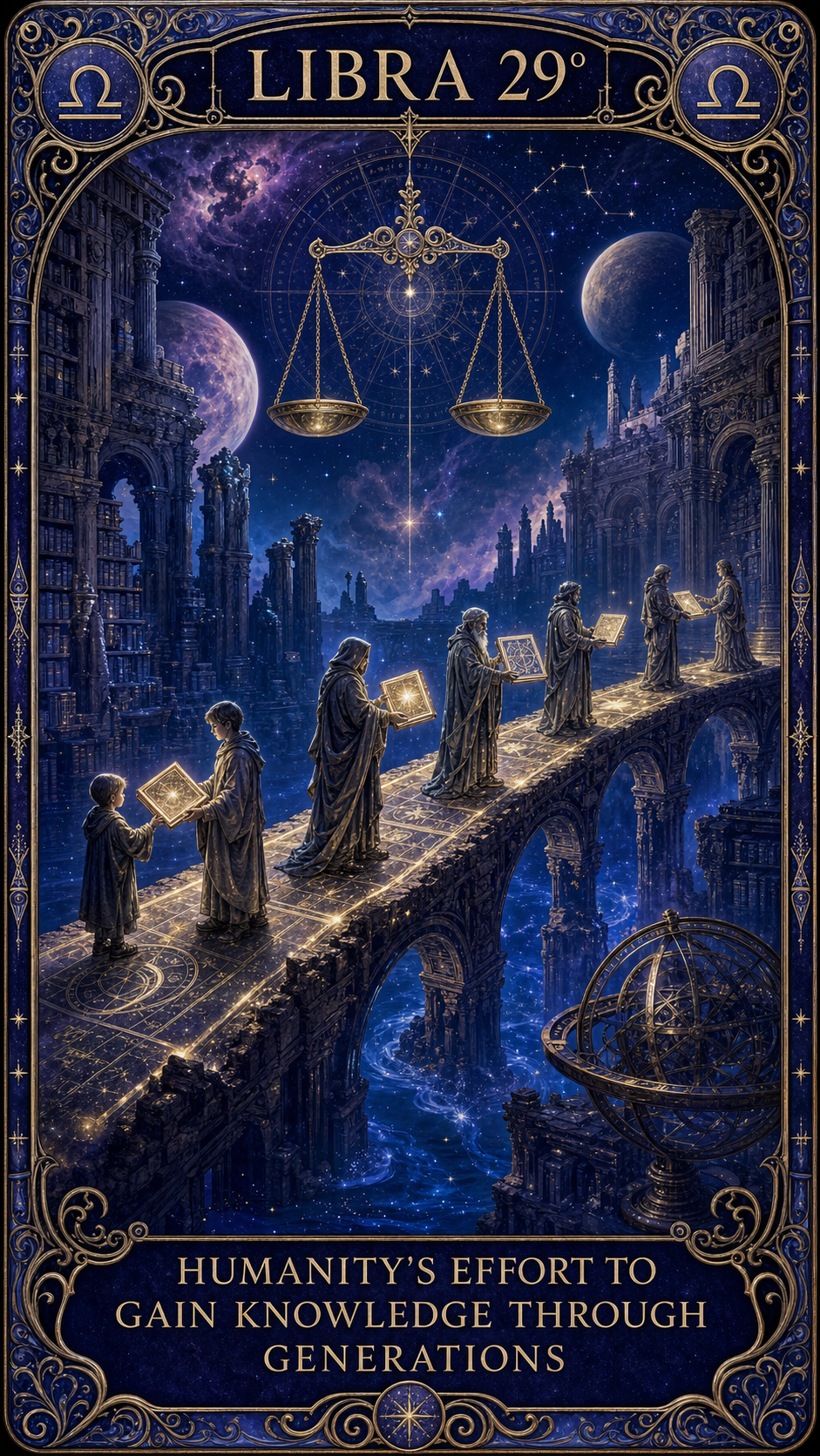 LIBRA 29° — Humanity's effort to gain knowledge through generations. 世代を越えて知識を渡す光の橋を描くカード。