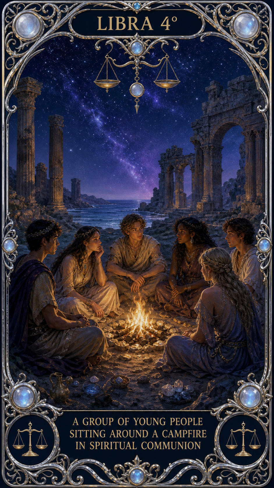 LIBRA 4° — A group of young people sitting around a campfire in spiritual communion.