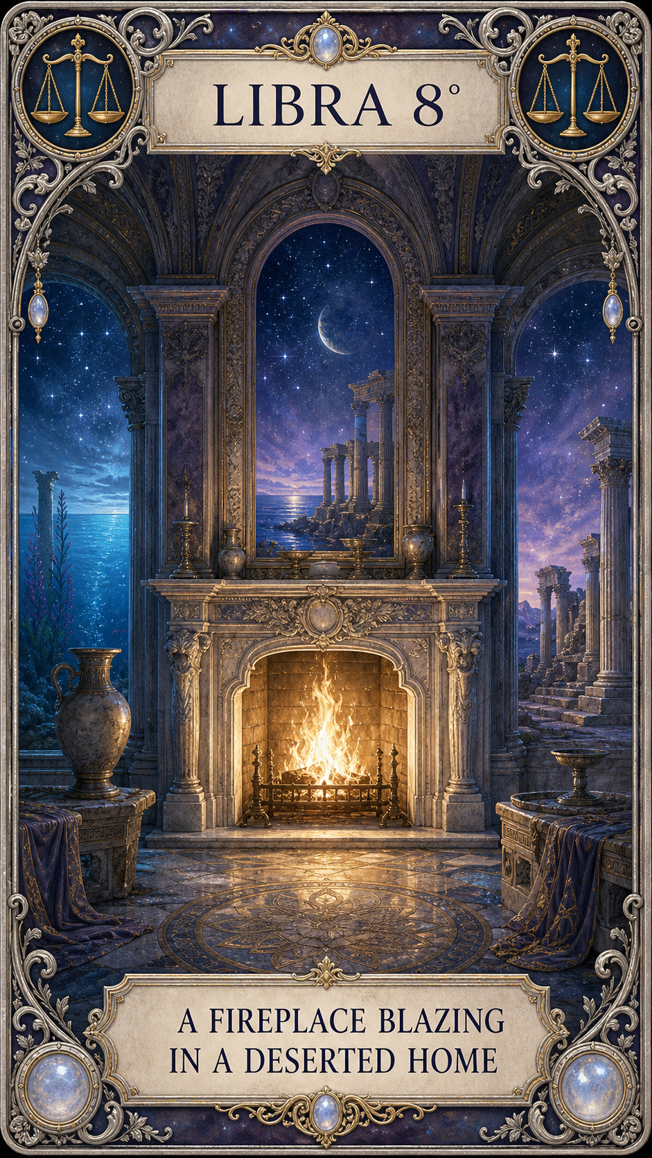 LIBRA 8° — A fireplace blazing in a deserted home. 青紫の星空と文明の遺構を背に、暖炉の火が燃えるサビアンシンボルのカード。