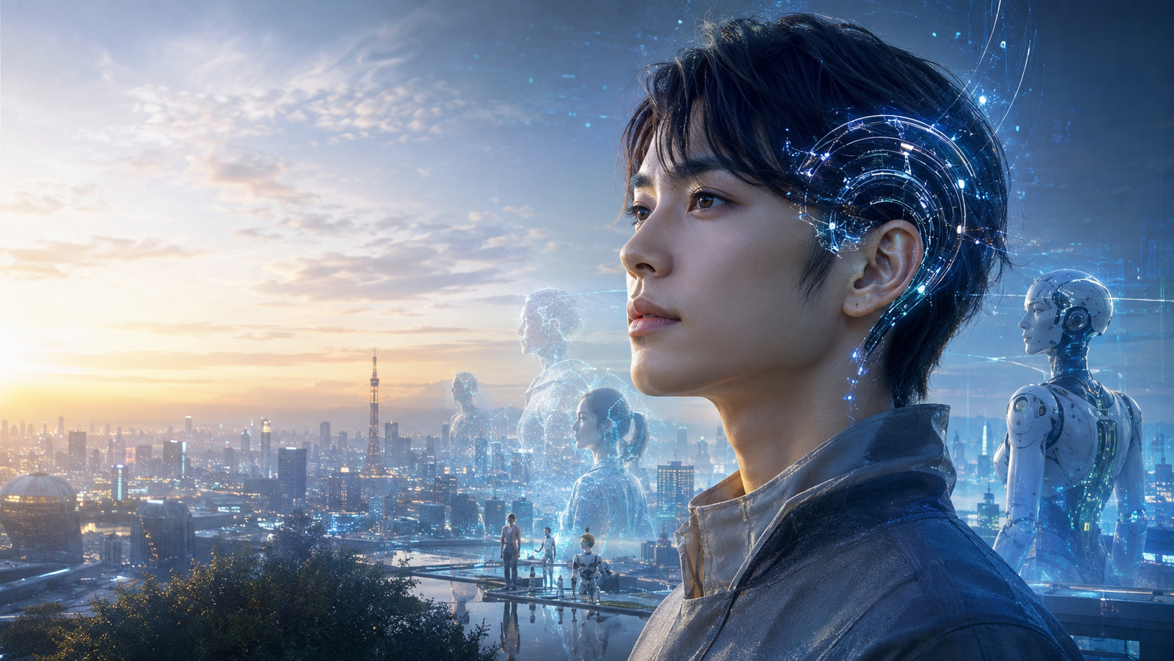 脳インターフェースを身につけた人と、アバター、AIロボットが共生する近未来都市。