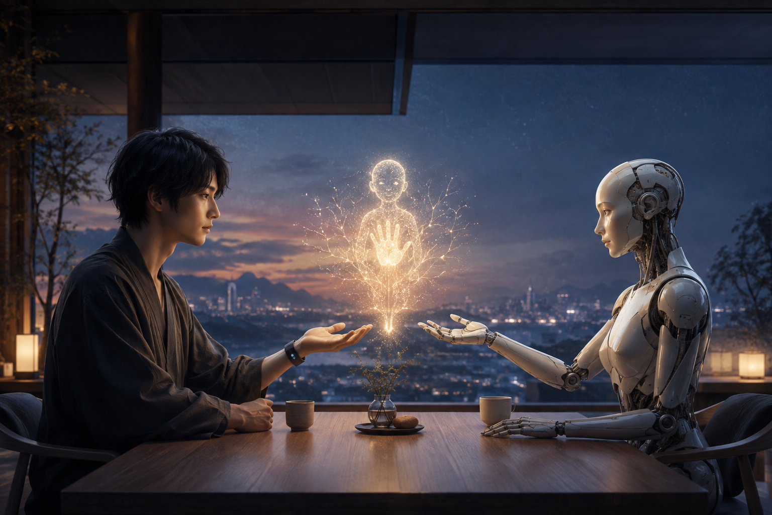 人とAIロボットが対等に向き合い、中央にアバターの可能性を映す近未来の情景。