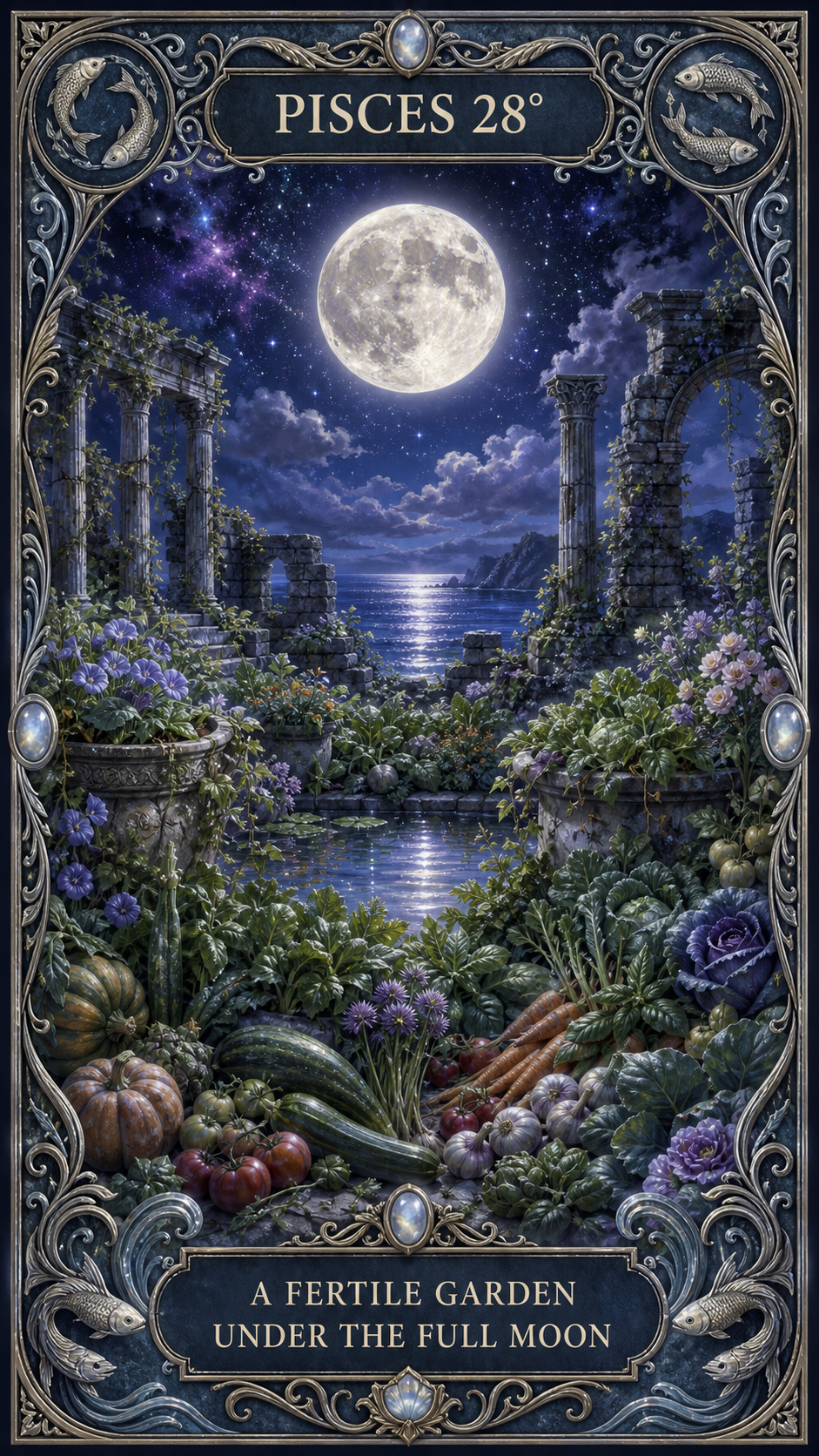 PISCES 28° — A fertile garden under the full moon. 満月の下で豊かに実る菜園を描くカード。