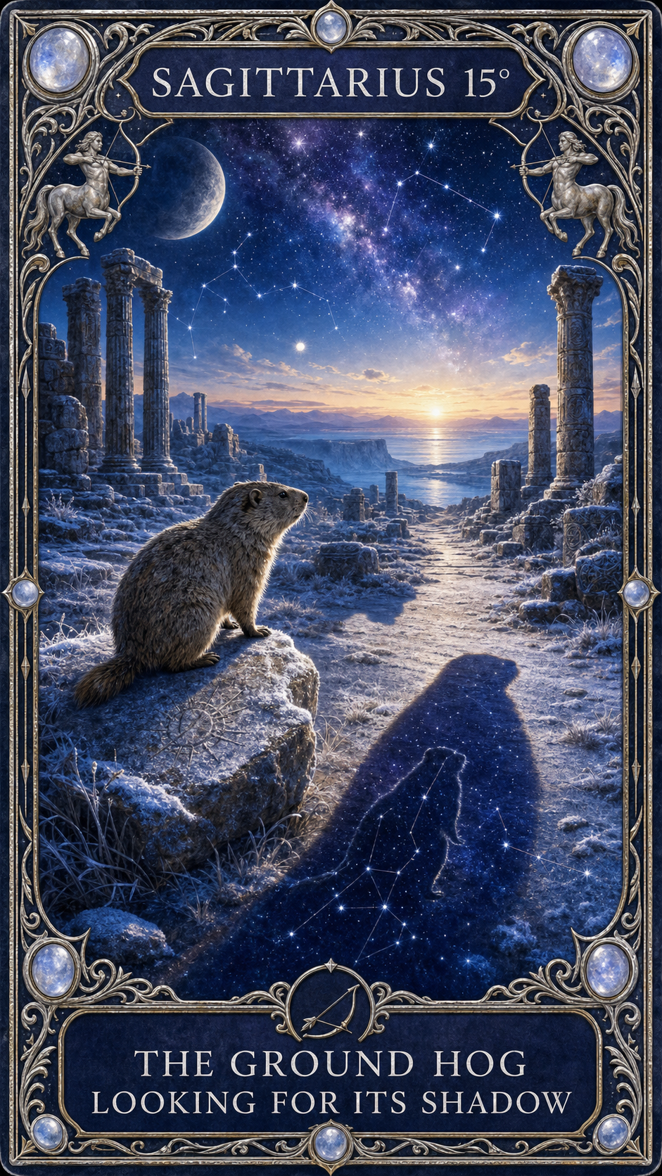 SAGITTARIUS 15° — The ground hog looking for its shadow. 雪の遺跡でグラウンドホッグが星を宿した自分の影を見つめるサビアンシンボルのカード。