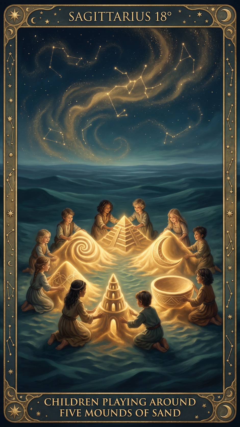 SAGITTARIUS 18° — Children Playing Around Five Mounds of Sand