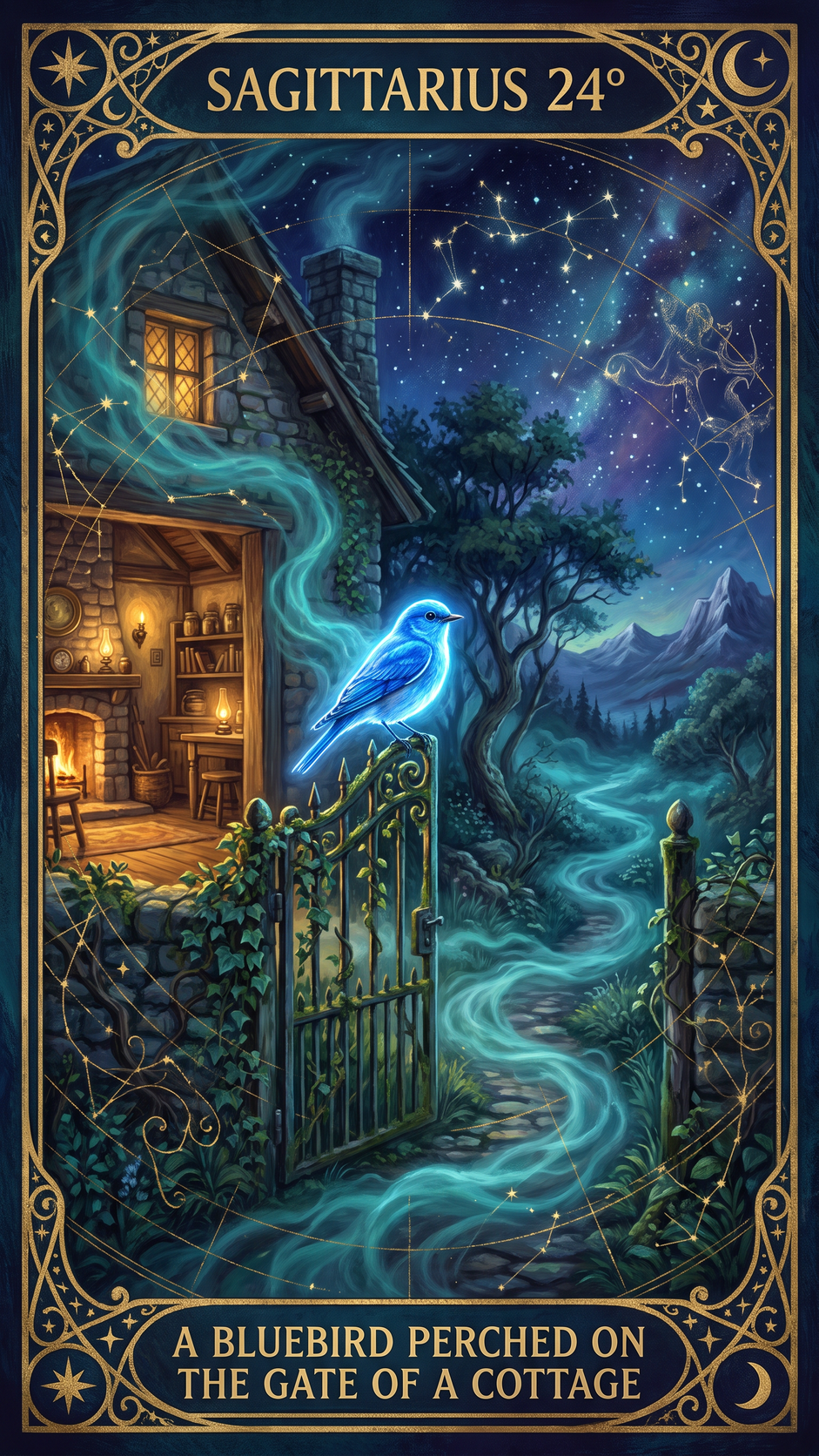 SAGITTARIUS 24° — A Bluebird Perched On The Gate Of A Cottage
