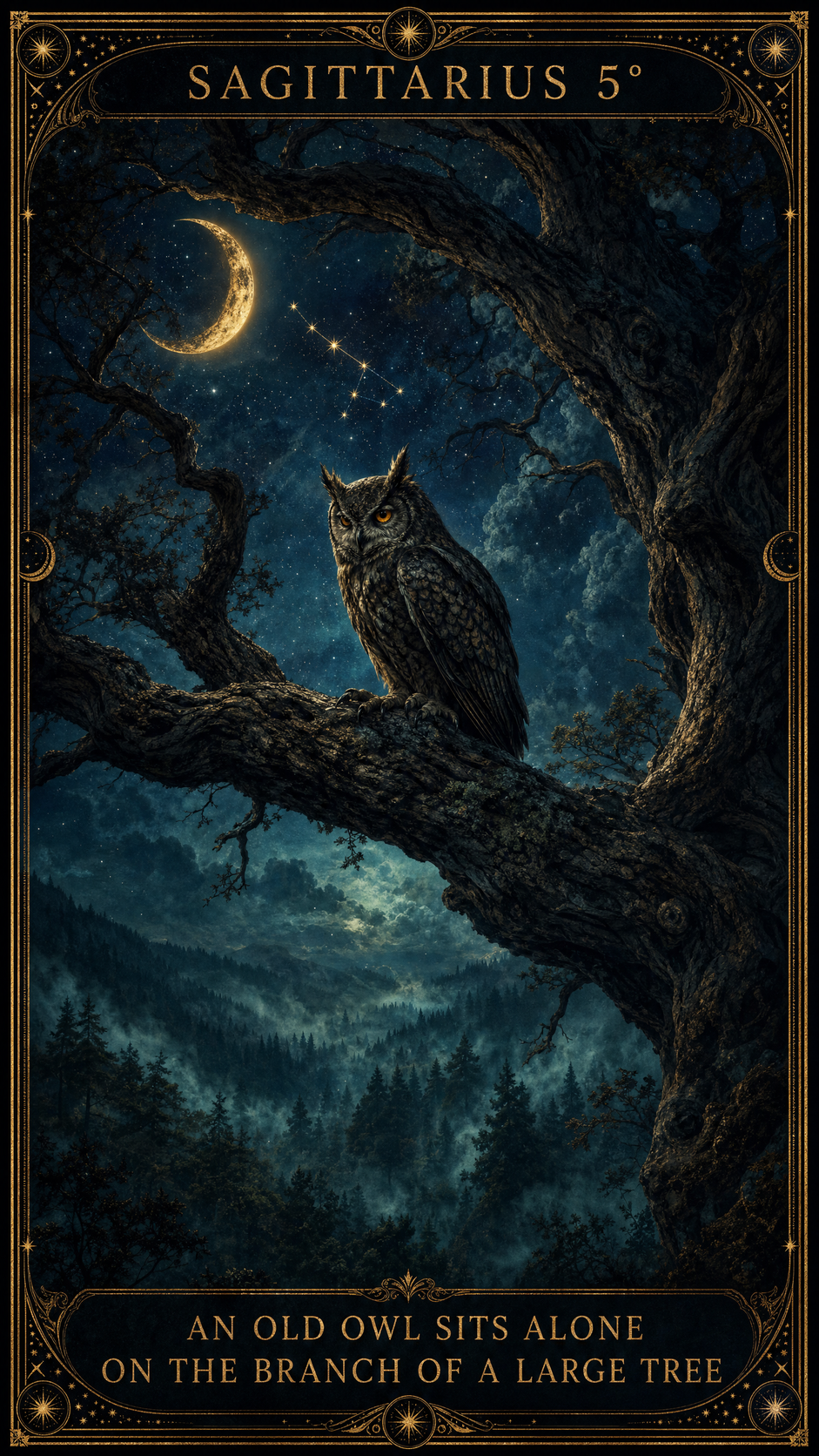 SAGITTARIUS 5° — An Old Owl Sits Alone On The Branch Of A Large Tree