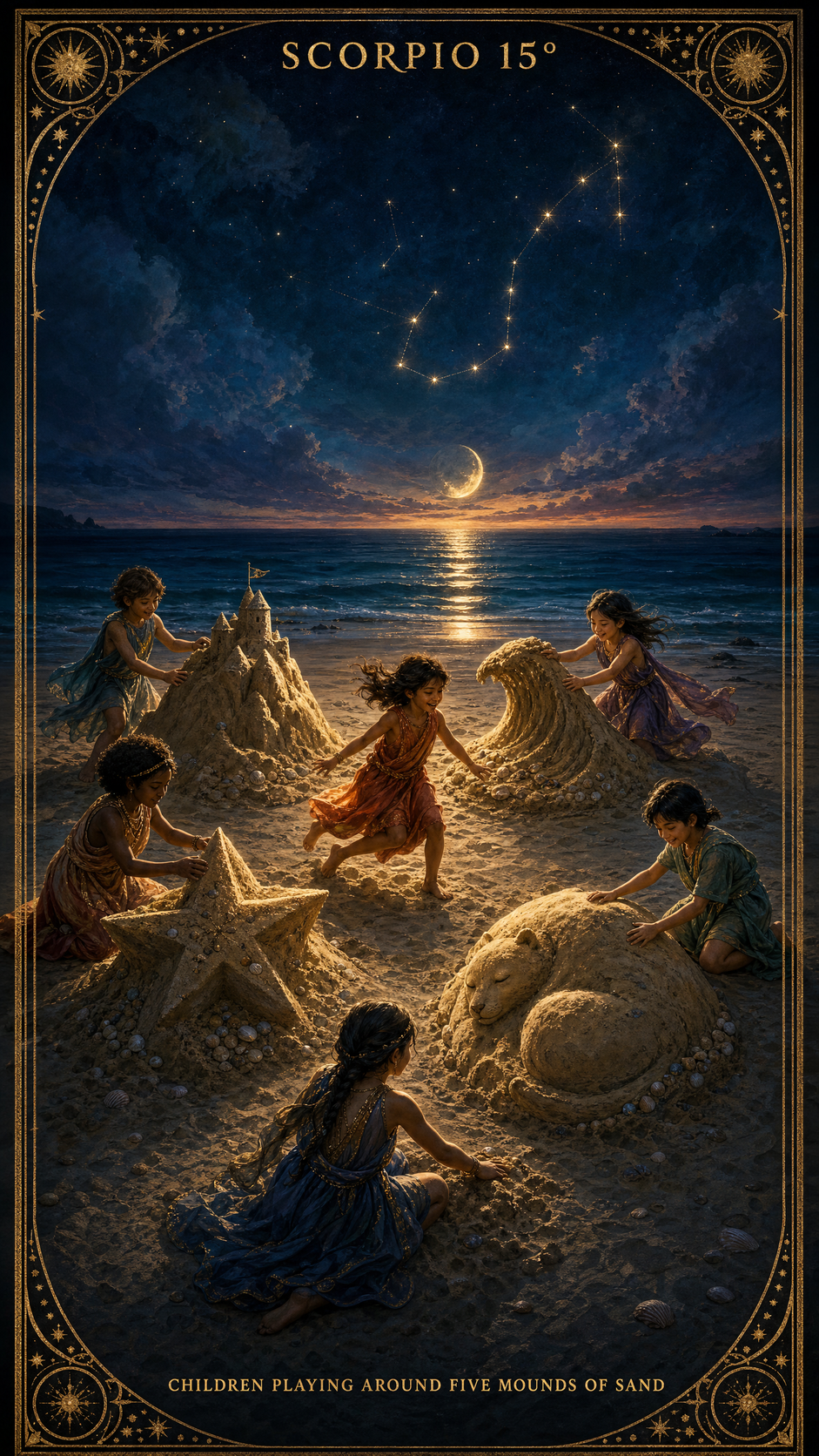 SCORPIO 15° — Children Playing Around Five Mounds of Sand