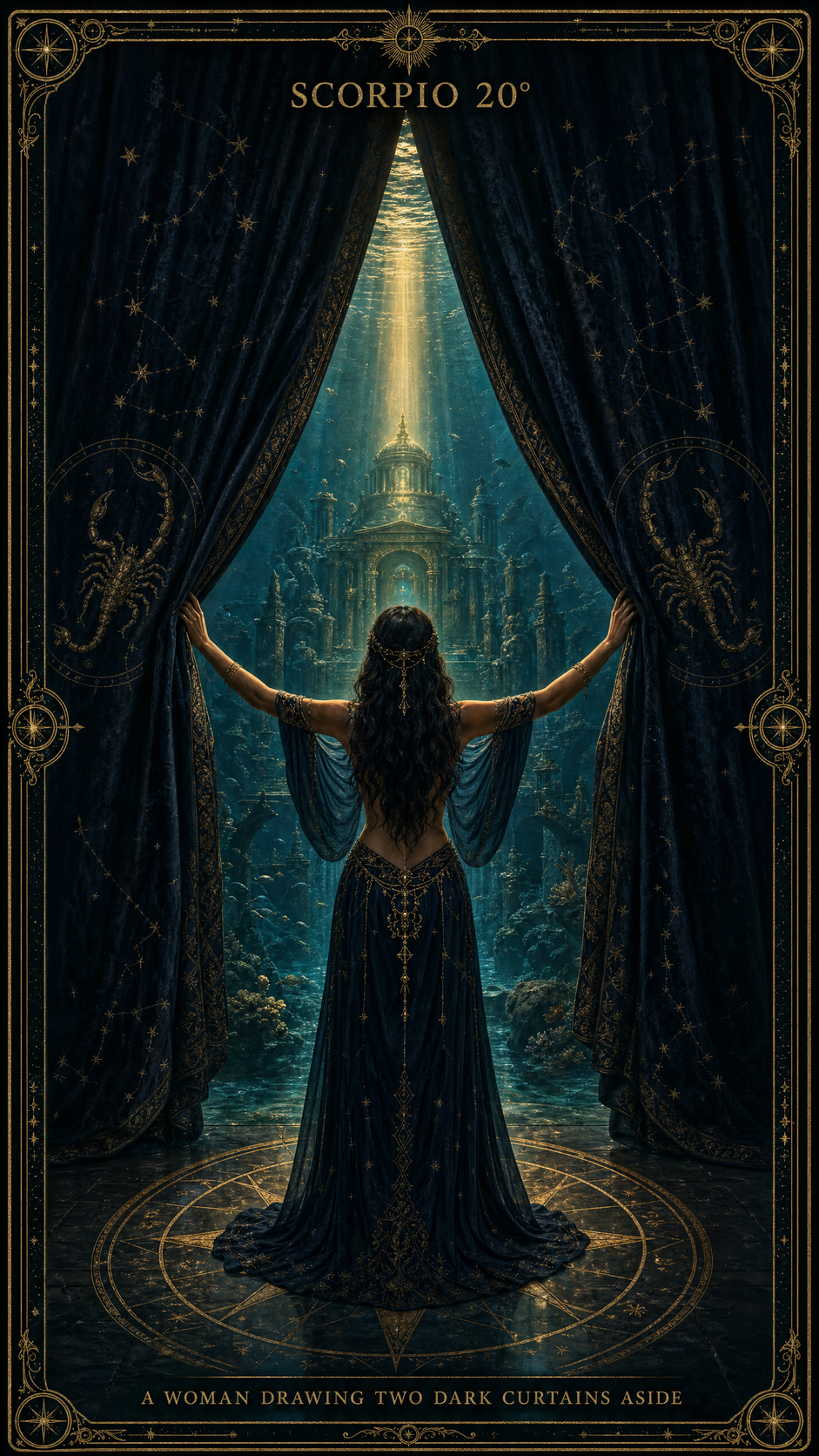 SCORPIO 20° — A Woman Drawing Two Dark Curtains Aside