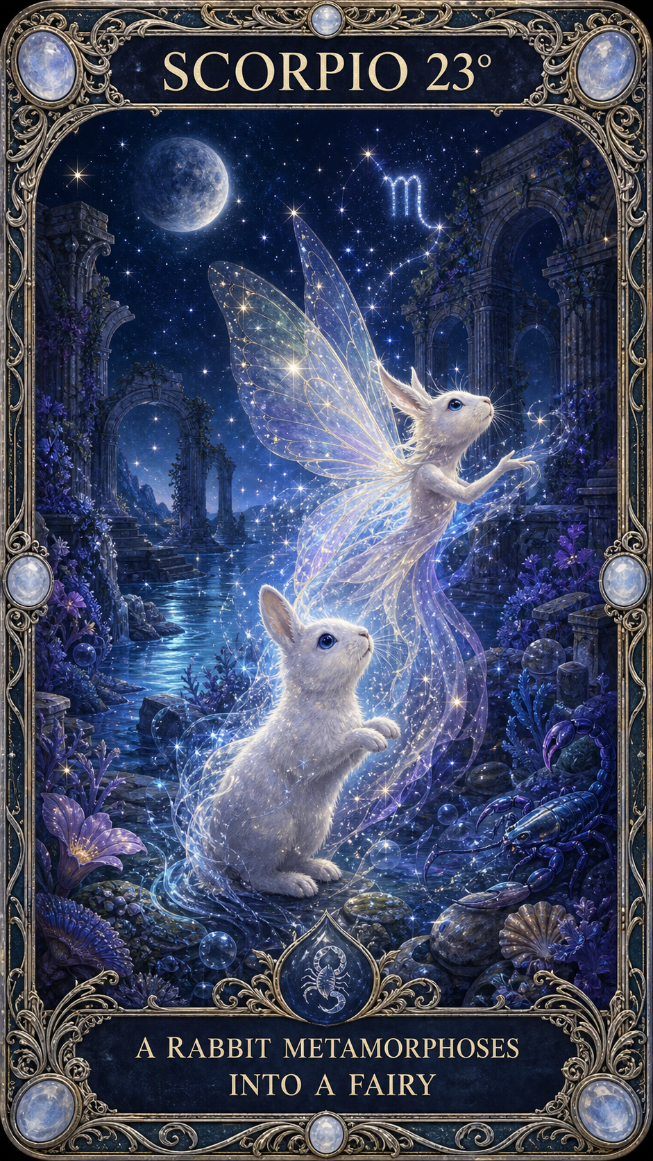 SCORPIO 23° — A rabbit metamorphoses into a fairy. 深海の遺跡でウサギが星の光をまとい妖精へ変容するカード。