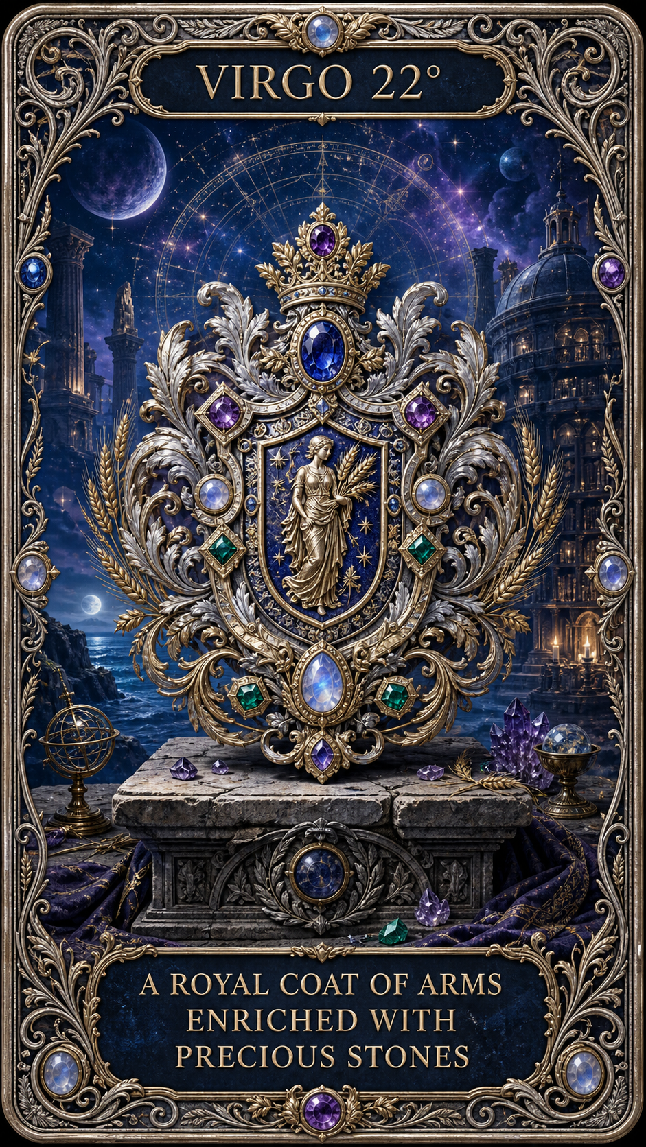 VIRGO 22° — A royal coat of arms enriched with precious stones. 宝石で飾られた紋章を描くサビアンシンボルのカード。