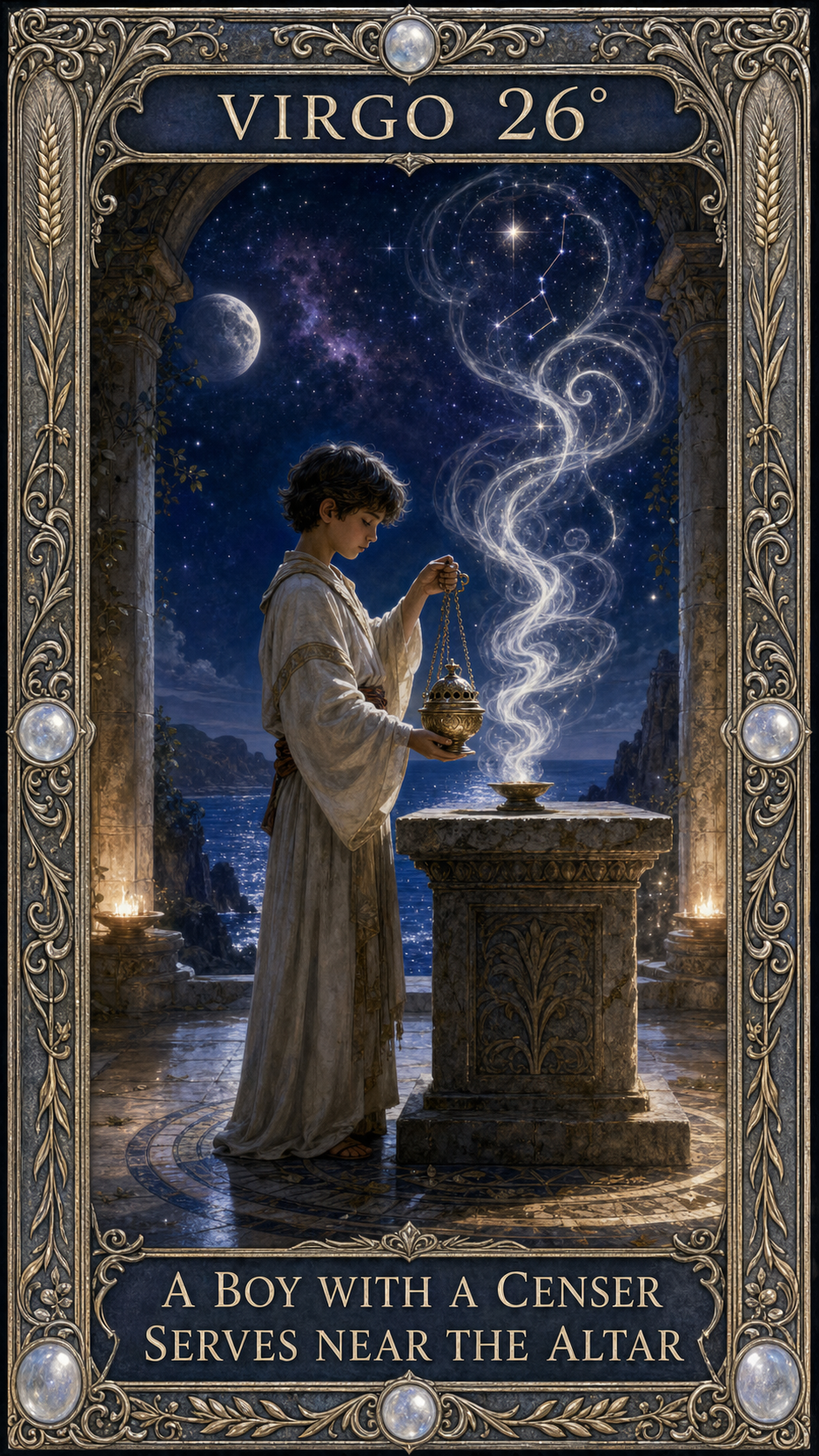VIRGO 26° — A boy with a censer serves near the altar. 香炉を持つ少年と、星のように昇る香煙を描くサビアンシンボルのカード。