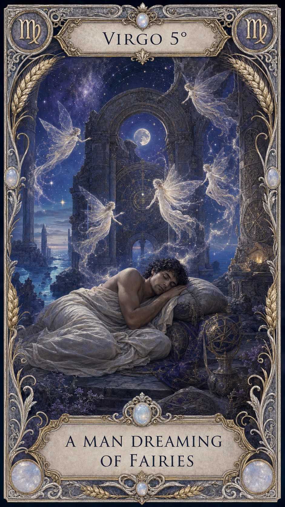 VIRGO 5° — A man dreaming of fairies. 月光の古代遺跡で眠る男と、星空に現れる妖精たちを描くサビアンシンボルのカード。